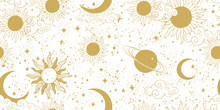 Seamless Golden Space Pattern With Sun, Crescent, Planets And Stars On A White Background. Mystical Ornament Of The Mystical Sky For Wallpaper, Fabric, Astrology, Fortune Telling. Vector Illustration