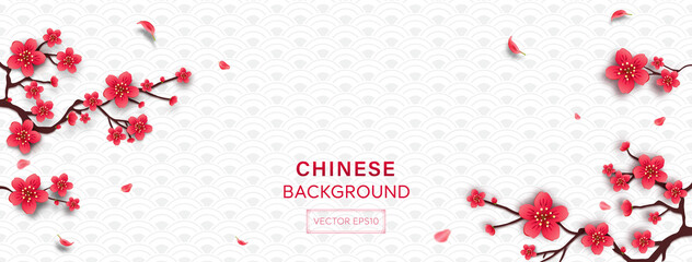 Wall Mural - chinese style white gray wave pattern banner background with cherry blossom flowers at border