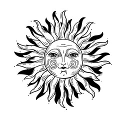 Sticker - Vintage style illustration, sun with a face, stylized drawing, engraving. Mystical element for design in boho style, logo, tattoo. Vector illustration isolated on white