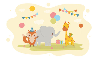  Vector illustration of Happy Birthday with decoration for greetings card. Set birthday Party cute animal  giraffe, elephant and Fox design invitation. Colorful  Card for kids cute  template design.
