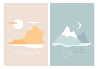 Set of 2 abstract landscapes. Summer day with hills reflected in the water. Night scenery with snow covered mountains. Vector illustration for poster, card, branding. Sun and moon in the sky.