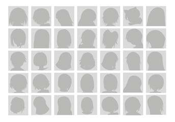 Vector Big Set of Anime Faces with Hair. Flat Gray Icons of Girls for Web and Mobile. Default Placeholder Avatar Profile on Gray Background. Gray photo. Beautiful Cartoon Portraits of Girls. EPS 10+