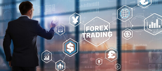 Wall Mural - Businessman touching finger on the virtual screen and selecting Forex Trading.