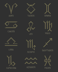 zodiac signs concept, astrology, horoscope. vector set of abstract geometric pictograms, linear yell
