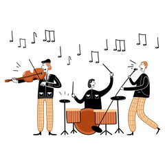 Wall Mural - Jazz festival concert vector illustration. Cartoon flat musician characters band playing jazz music at live concert. Musician playing drum, violin. Having fun with music. Hobbies and profession