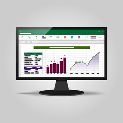 Spreadsheet on Computer screen. Financial accounting report concept. office things for planning and accounting, analysis, audit, project management, marketing, research vector illustration.