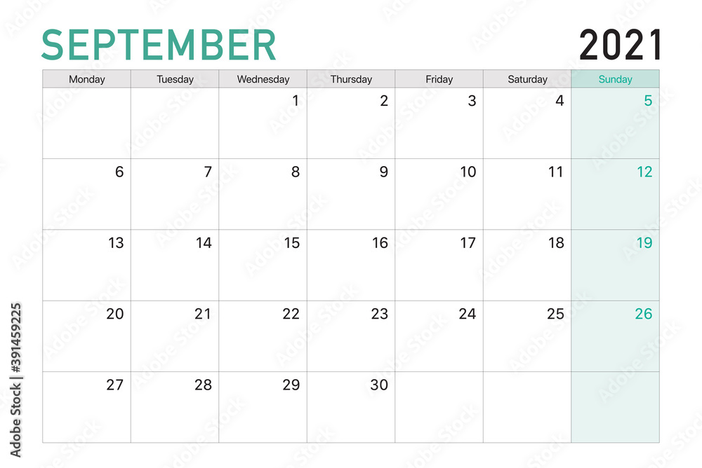 2021 September illustration vector desk calendar weeks start on Monday in light green and white theme - obrazy, fototapety, plakaty 
