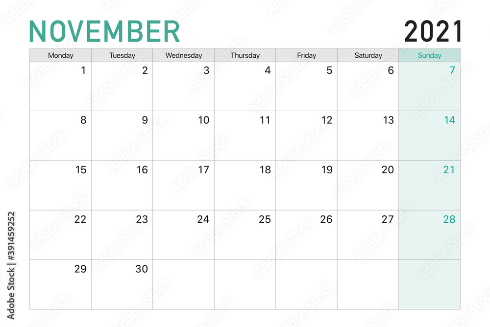 2021 November illustration vector desk calendar weeks start on Monday in light green and white theme - obrazy, fototapety, plakaty 