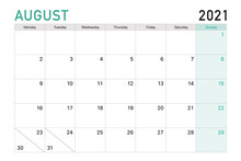 2021 August Illustration Vector Desk Calendar Weeks Start On Monday In Light Green And White Theme