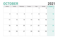 2021 October Illustration Vector Desk Calendar Weeks Start On Monday In Light Green And White Theme
