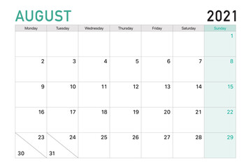 Wall Mural - 2021 August illustration vector desk calendar weeks start on Monday in light green and white theme