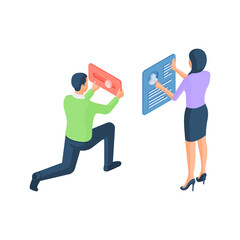 Wall Mural - woman with social media account and man with button