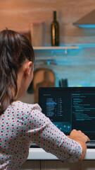 woman remote thief stealing data from company hacking system from home. programmer writing a dangero