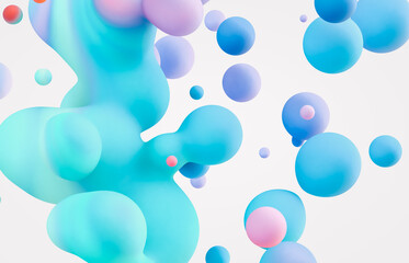 Abstract 3d art background. Holographic floating liquid blobs, soap bubbles, metaballs.