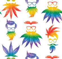 Watercolor Pattern. Male Faces Made Of Rainbow Cannabis Leaves On A White Background.