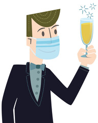 Elegant man with a face mask, toasting for the new year. Retro style illustration of a man wearing a face mask, toasting with a glass of champagne, isolated on white background.