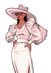 Hand drawn african american young woman posing art. Fashion woman with sunglasses and hat. Stylish cute girl in sunglasses fashion sketch on white background. Beautiful stylish woman in pink dress art