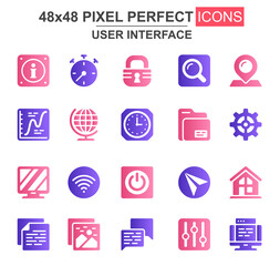 Aufkleber - User interface glyph icon set. Pinpointer, lock, gear, email, magnifier, clock, wifi, settings, search, chart unique icons. Flat vector bundle for UI UX design. 48x48 pixel perfect GUI pictograms pack