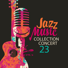 poster for a jazz music concert with a bright abstract guitar, microphone and lettering on the black