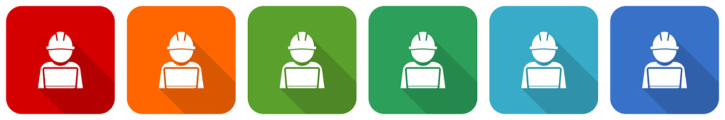 Poster - Engineer with laptop, worker, manager icon set, flat design vector illustration in 6 colors options for webdesign and mobile applications