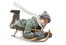 Smiling Man Riding A Sled - Isolated On White