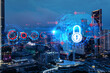 © VideoFlow - Glowing Padlock hologram, night panoramic city view of Kuala Lumpur, Malaysia, Asia. The concept of cyber security to protect KL companies. Double exposure.