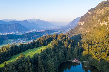 Drone panorama over Tyrol landscape, at sunrise in Austria