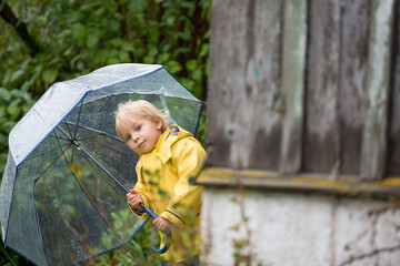 cute blond toddler child, boy, playing in the rain with umbrella on a foggy autumn day