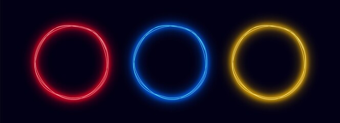 Aufkleber - Neon circles set isolated on dark background. Conceptual glowing round shapes for graphic design.