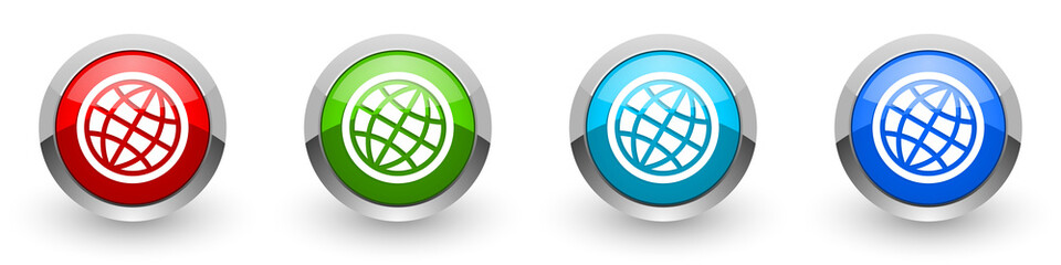 Poster - World, globe silver metallic glossy icons, set of modern design buttons for web, internet and mobile applications in four colors options isolated on white background