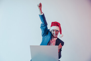 portrait of attractive surprised excited smile business woman. Santa hat. Christmas time. Business concept. 