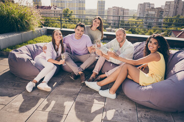 Sticker - Photo of cheerful positive good mood smiling group of young people sit bean bags make toast having fun outside on rooftop