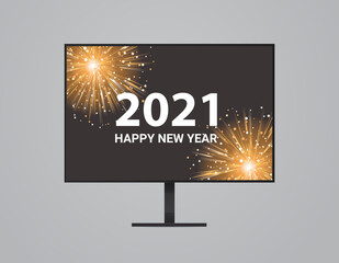 Wall Mural - christmas fireworks on computer monitor screen happy new year holidays celebration concept vector illustration