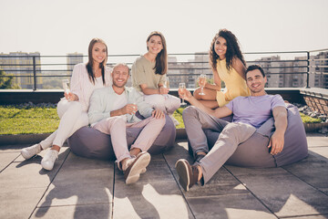 Sticker - Photo of good mood smiling happy cheerful positive group of friends sit armchair drink champagne outside on rooftop