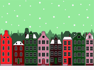  Vector image of a snow-covered city. Seamless image. Winter atmosphere of the city. Flat illustration.