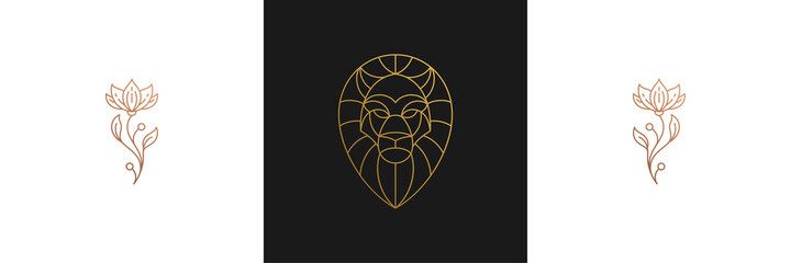 Vector line elegant decoration design elements set - lion head and flowers illustrations minimal linear style