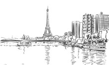 Eiffel Tower And River Seine Cityscape Vector Sketch, Landmark Of Paris, Hand Drawn Illustration Black And White