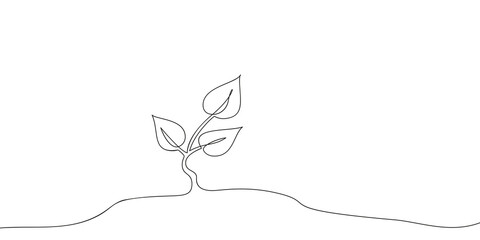 Wall Mural - Continuous one line drawing of growing small tree sprout, Plant leaves grow seedling eco natural farm concept design. Minimalist contour vector illustration made of single thin line black and white