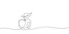 Apple With Leaf Continuous One Line Drawing, Black And White Vector Minimalist Linear Illustration Made Of Single Line