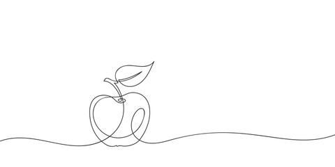 Apple with leaf continuous one line drawing, Black and white vector minimalist linear illustration made of single line