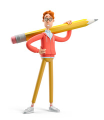 3d illustration. Nerd Larry holding big pencil.  Concept of creativity, creative thinking, innovative idea, innovation, inspiration for artist, creator.