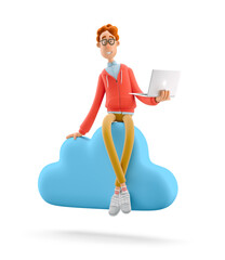 3d illustration. Nerd Larry sits on big cloud sign. Concept mobile application and cloud services.