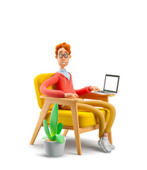 3d illustration. nerd larry sits in an armchair with laptop. the concept of distance work, study and