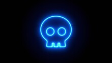 Skull Neon Sign Appear In Center And Disappear After Some Time. Animated Blue Neon Icon On Black Background. Looped Animation.