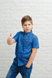 © yana_novak22 - boy of european appearance in a blue shirt on a light background shows thumbs up, concept of approval