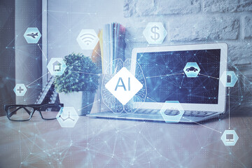 double exposure of desktop computer and technology theme hologram. concept of software development.