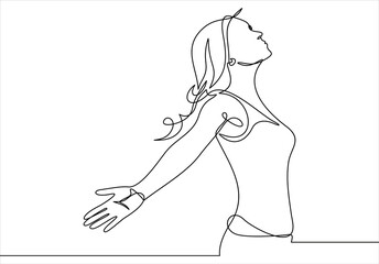 continuous line art or one line drawing of a woman stretching arms is relaxing picture vector illust
