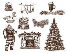 Christmas Sketch Object Collection. Hand Drawn Engraved Xmas  Elements: Santa, Candies, Snow Globe, Christmas Tree, Mulled Wine, Fireplace