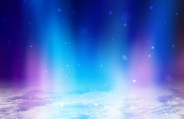 Poster - Dark Christmas abstract background. Snow cover, neon glow, blurred bokeh, snowflakes. 3d illustration