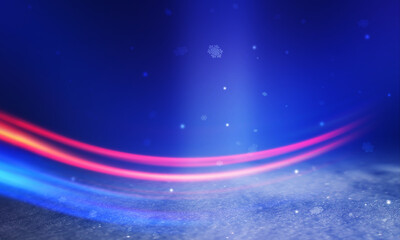 Poster - Dark Christmas abstract background. Snow cover, neon glow, blurred bokeh, snowflakes. 3d illustration